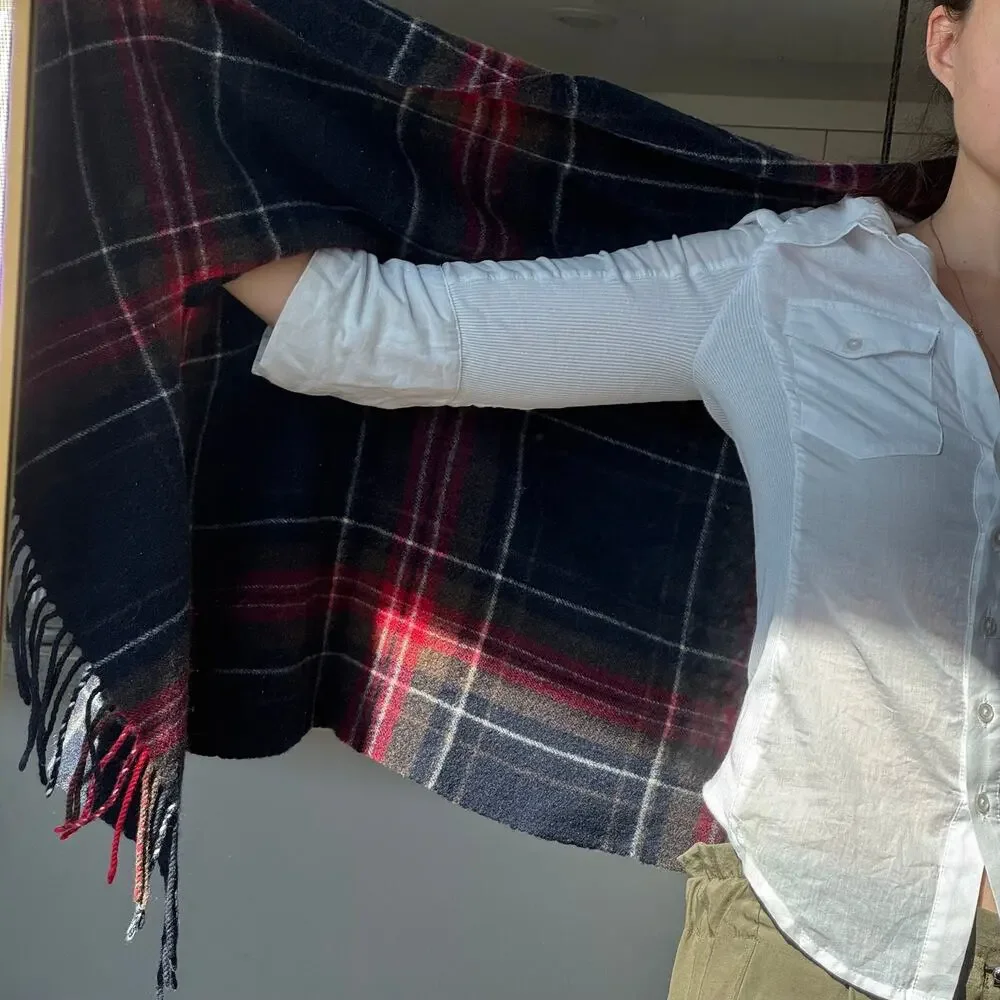 MUJI 100% Wool Plaid Poncho Cape Shawl Wrap Scarf Navy Red Tartan Fringe 75x210